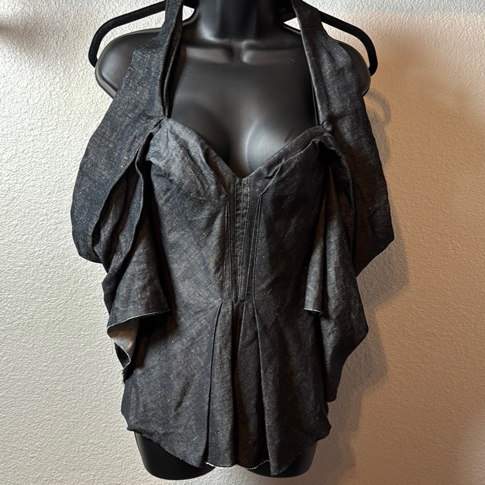 Maticevski Thallium Black Denim Draped Architectural Halter Bustier